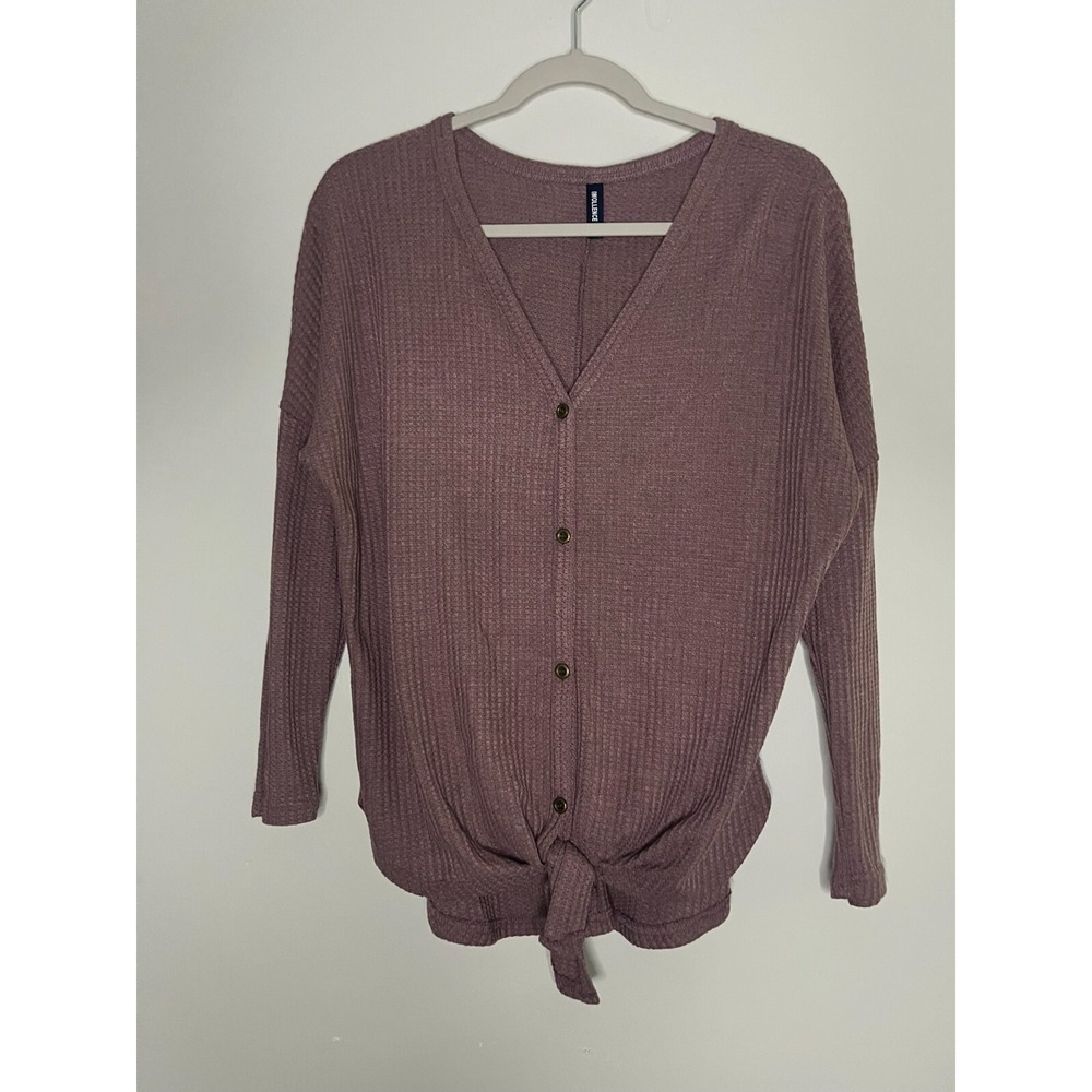 Iwollence Mauve Waffle Knit Tunic Blouse Top V Neck Tie Knot Women's Size Small